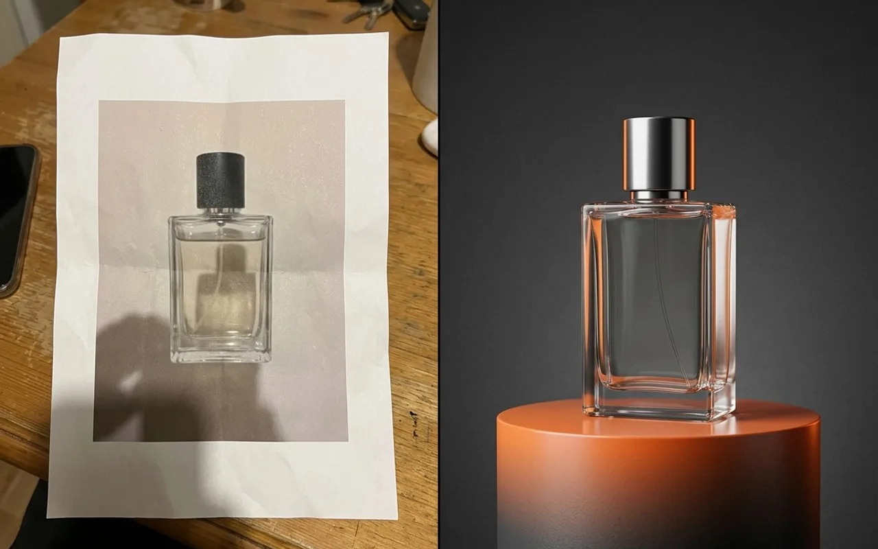 Antes e depois: foto amadora de um perfume impressa em papel e o mesmo perfume em foto de estúdio sobre pedestal laranja.